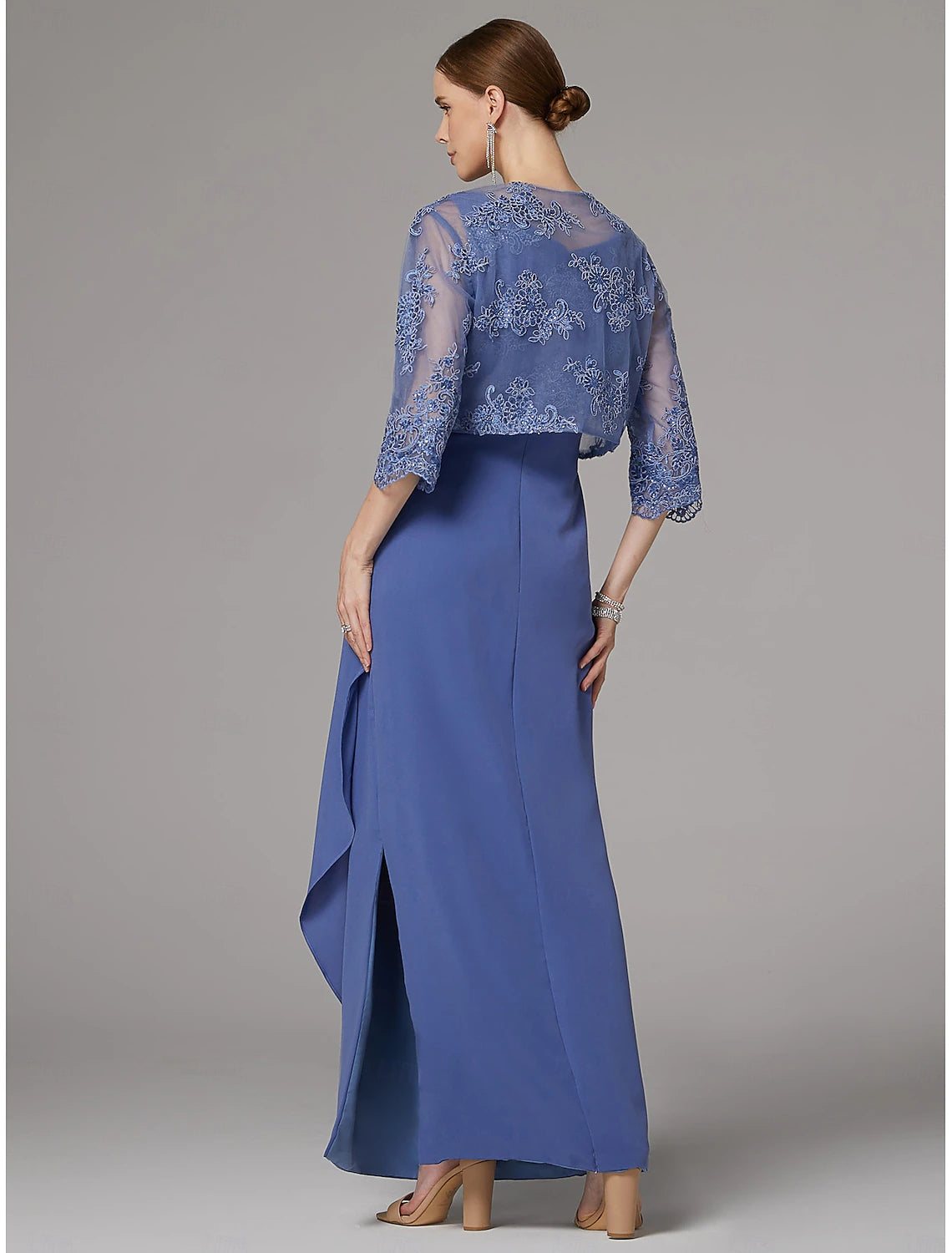 Buyishang Two Piece Sheath Dress Mother of the Bride Dress Elegant Sparkle & Shine Jewel Neck Ankle Length Lace Stretch Fabric 3/4 Length Sleeve with Lace